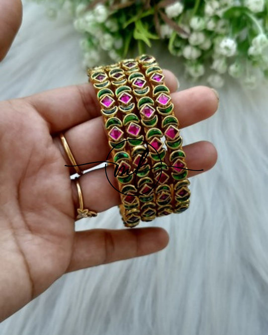 Thin Kundan bangle Set  - Green Pink