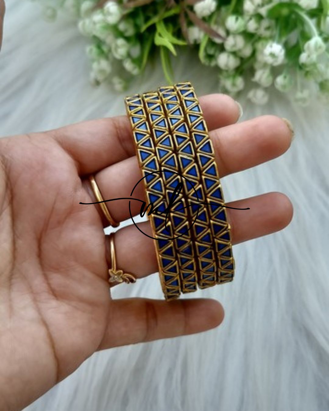 Thin Kundan bangle Set  - Blue