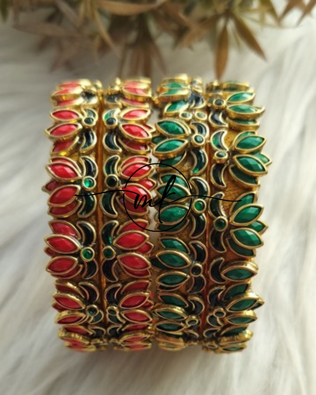 Lotus Kundan bangle Set -Red/Green