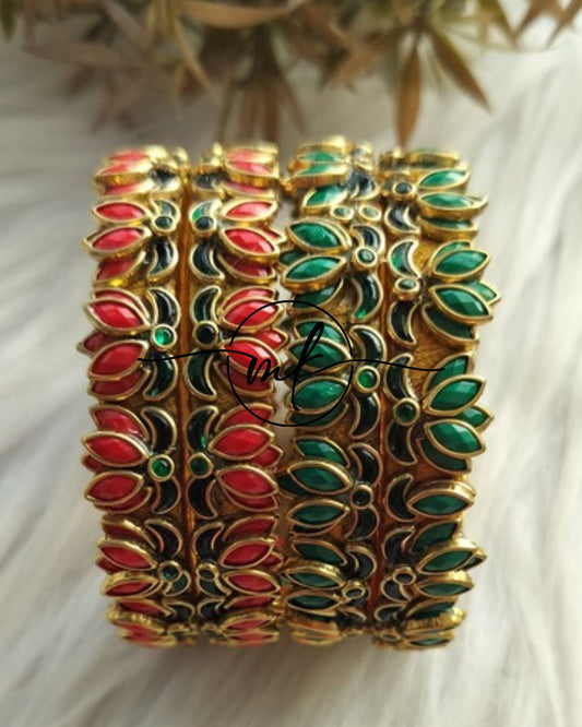 Lotus Kundan bangle Set -Red/Green