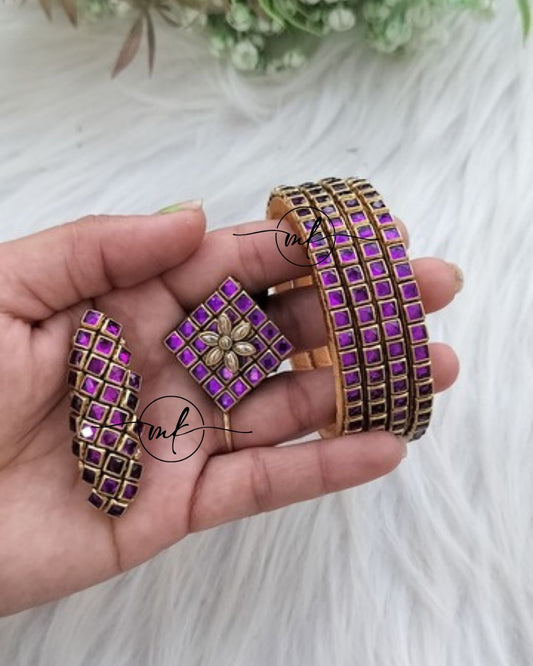Purple Kundan bangle Combo - 4 bangles+Saree pin+Hair Ties