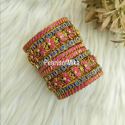 Pink Blue Kundan semi Bridal bangle set - 5+5 bangles