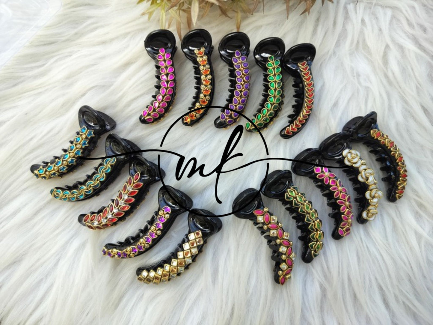 Kundan Banana clip - V type - Return Gift set of 15- Assorted colours and Designs