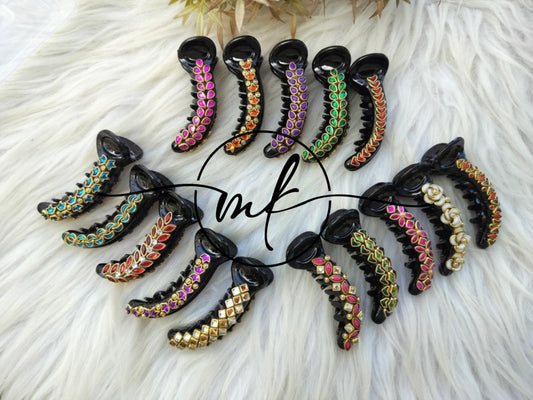 Kundan Banana clip - V type - Return Gift set of 15- Assorted colours and Designs