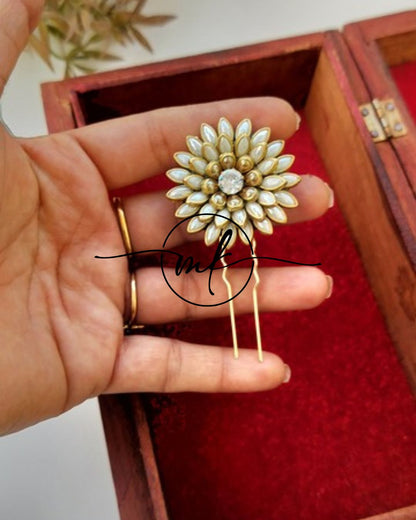 White Kundan + Gold Pollen Hair Brooch