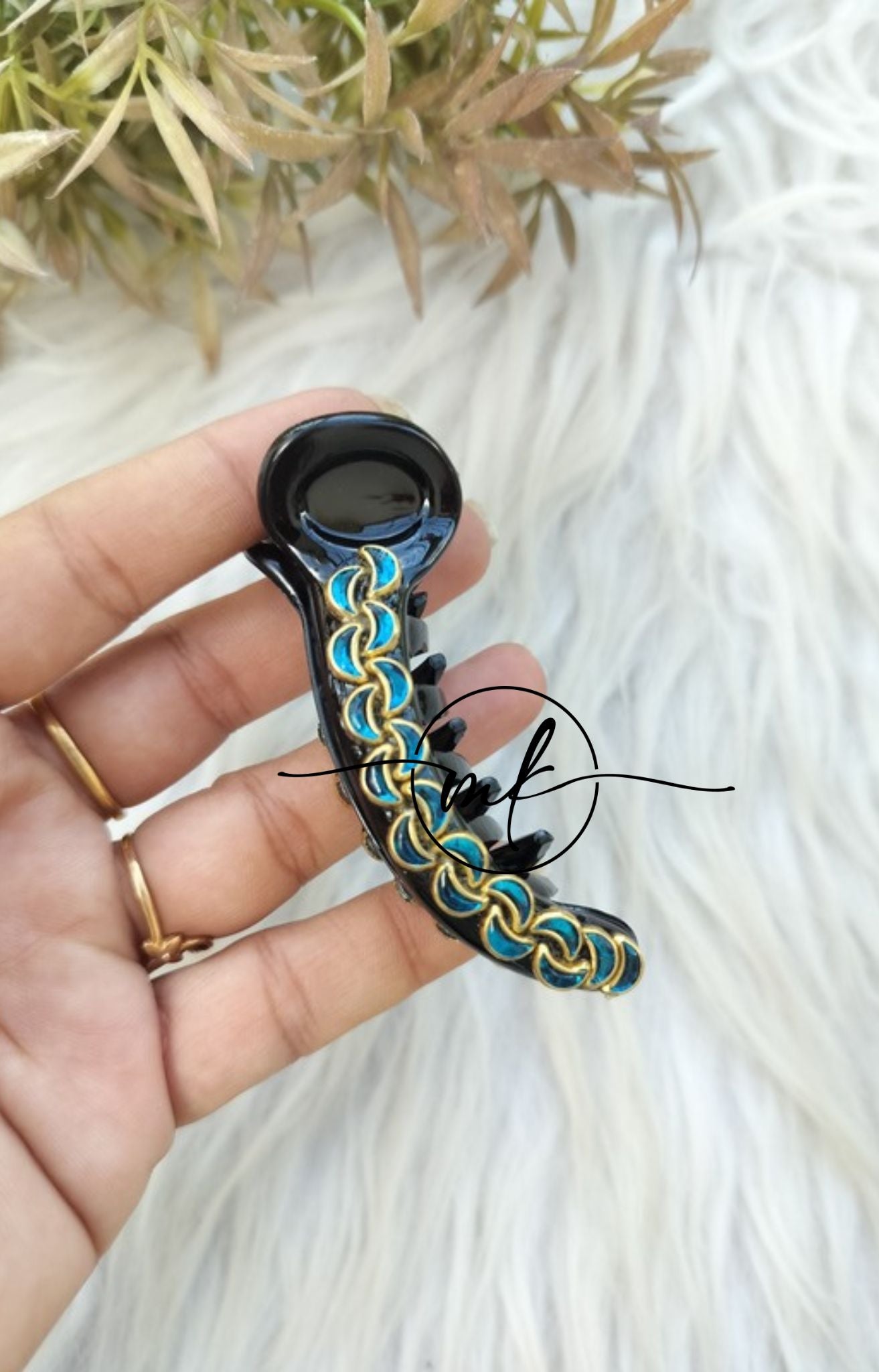 Blue Kundan Banana Clip - V type