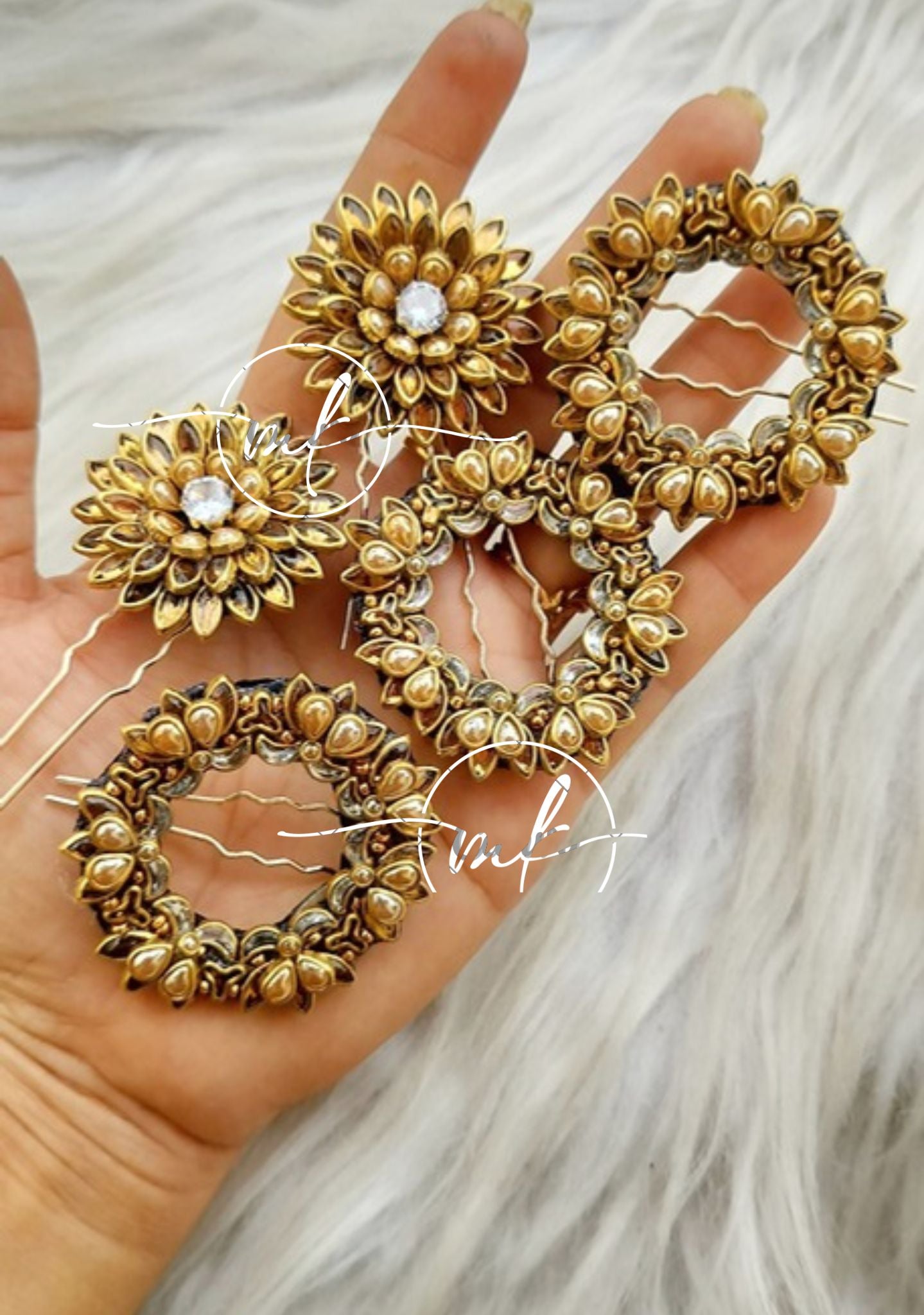 Gold Lara lotus+ Kundan Hair Brooch Braid Combo - set of 5