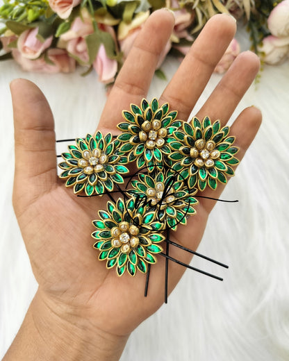 Green Kundan Flower Braid Hair Brooch -set of 5 pieces