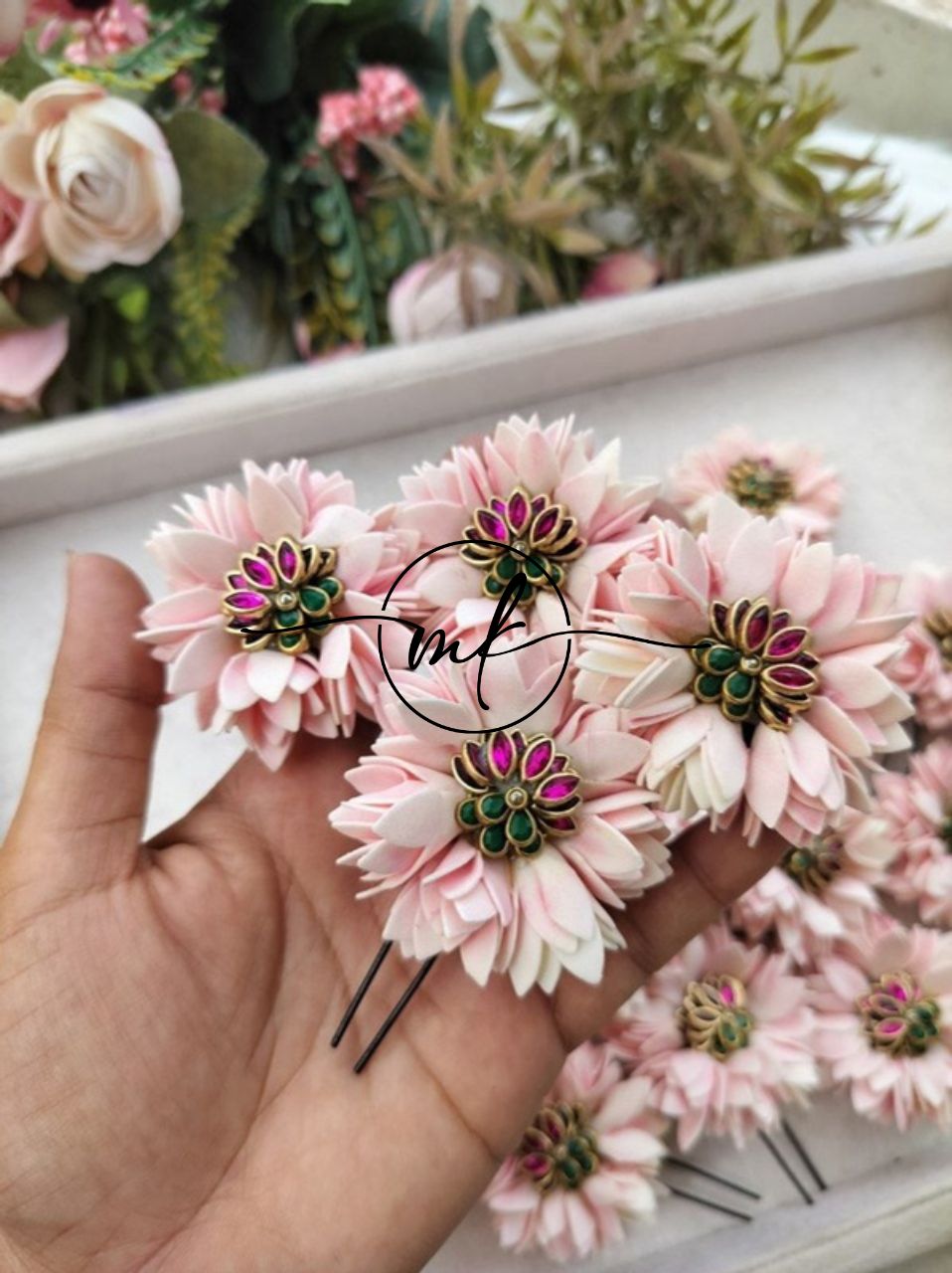 LIA Small Jathi Glossy Pink Lotus ARFL Hair Braid brooch - set of 4 piece