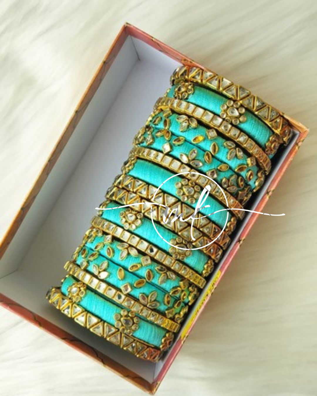 Blue SILVER Kundan semi Bridal bangle set - 8+8 bangles