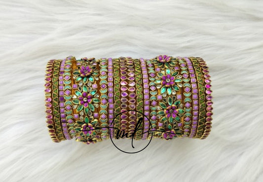 Pink violet light GREEN Kundan semi Bridal bangle set - 9+9 bangles
