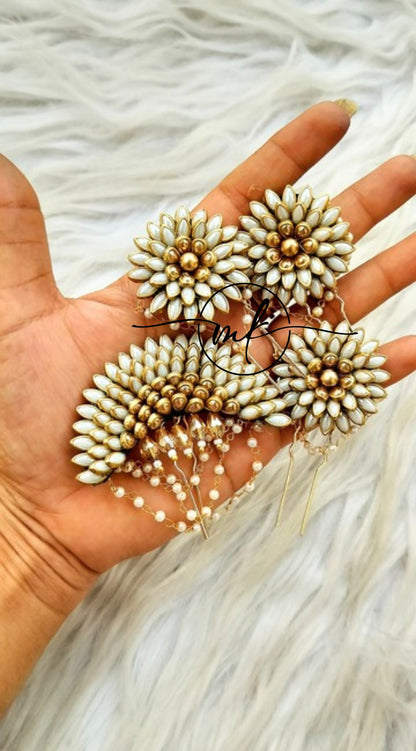 White SUNFLOWER and Kundan Hair Brooch Braid Combo (1+3) - with pearl hanging