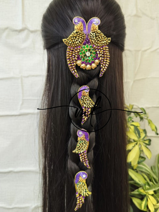 Purple Green Parrot Hair Braid Brooch  - set of 5 pieces