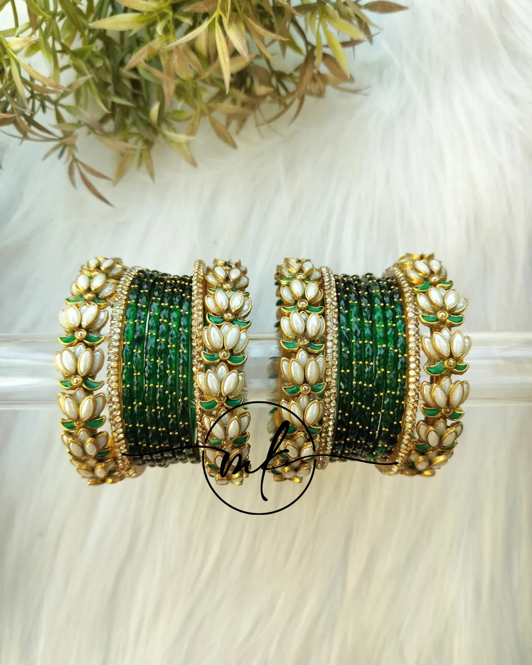 Green White Lotus Bridal kundan Bangle set