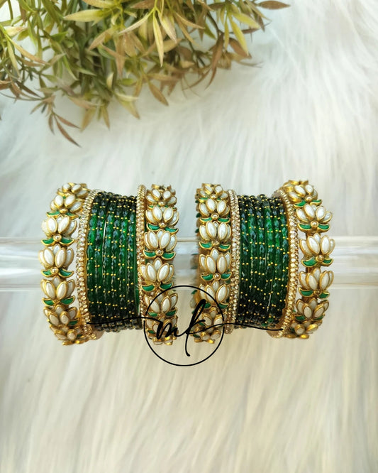 Green White Lotus Bridal kundan Bangle set