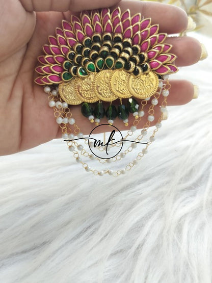 Dark Pink Dark Green Coin Sunflower Hair Brooch