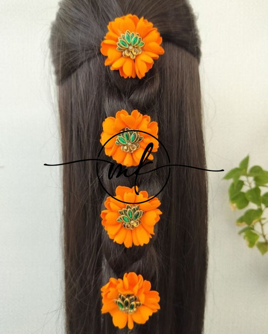 LIA Small KANAKAM Glossy Green Lotus ARFL Hair Braid brooch - set of 4 piece