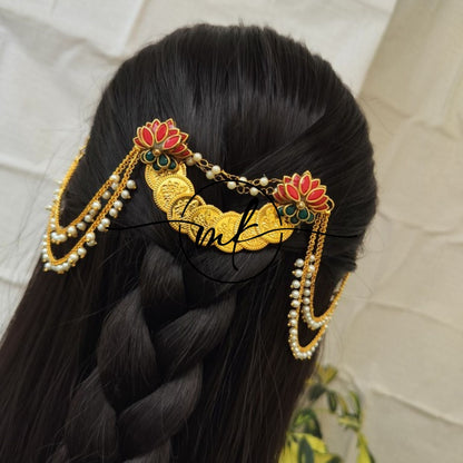 CORA Matt Red Lotus Hair Brooch with Pearl sidechain