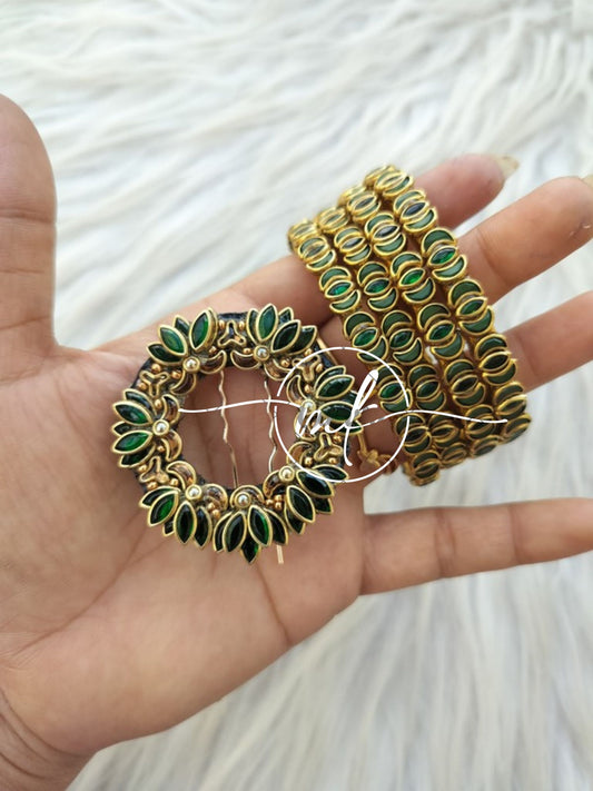 Green kundan bangle set - 4 bangles + Hair Brooch