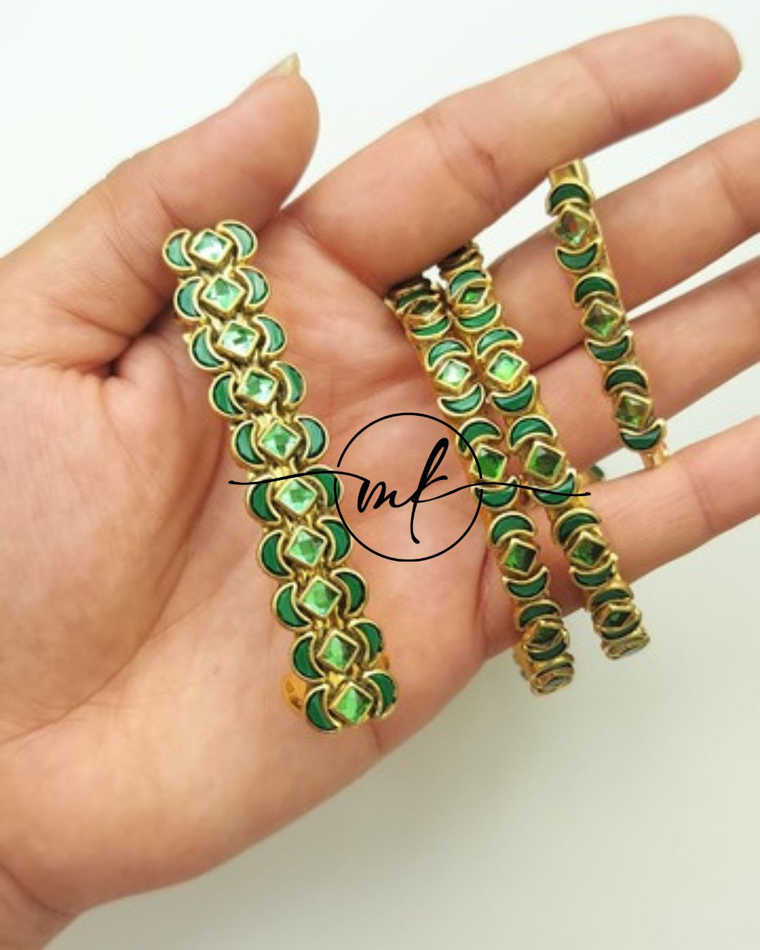Green Kundan bangle Combo set+ centre clip+ Saree pin