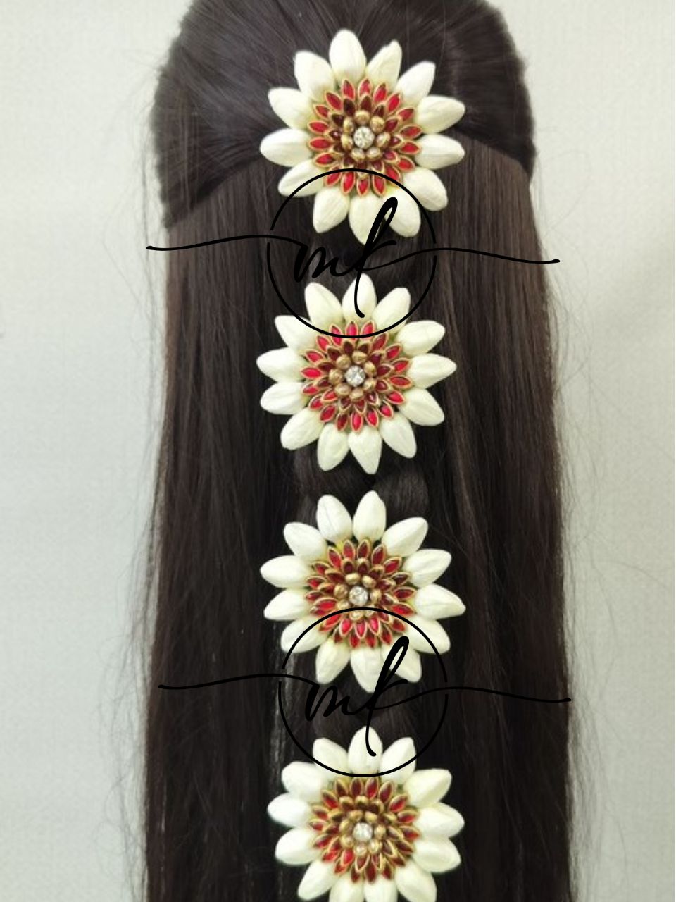 Mootu Malli + Red Kundan flower ARFL Hair Brooch/ Hair ties - set of 4 piece