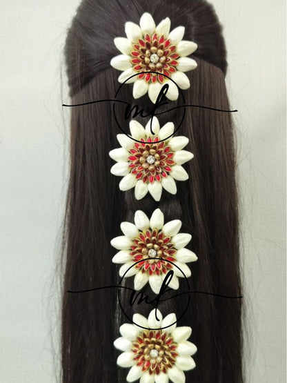 Mootu Malli + Red Kundan flower ARFL Hair Brooch/ Hair ties - set of 4 piece