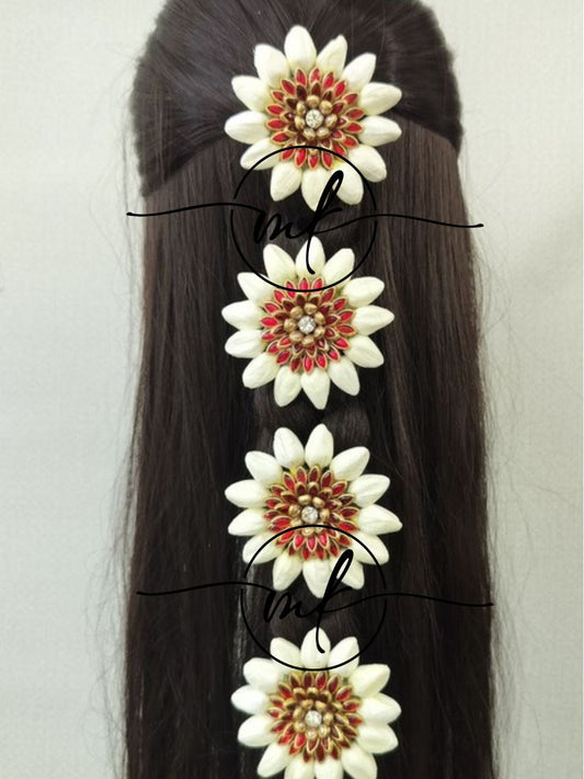 Mootu Malli + Red Kundan flower ARFL Hair Brooch/ Hair ties - set of 4 piece