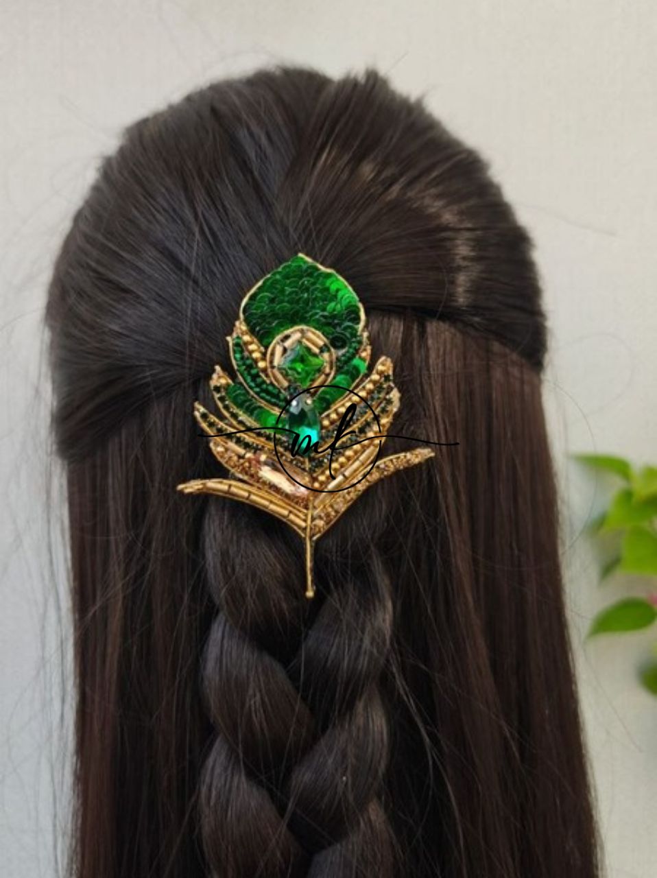 Dark Green Peacock Feather V01 Leaf Pendant / Hair Brooch/ Dress Brooch