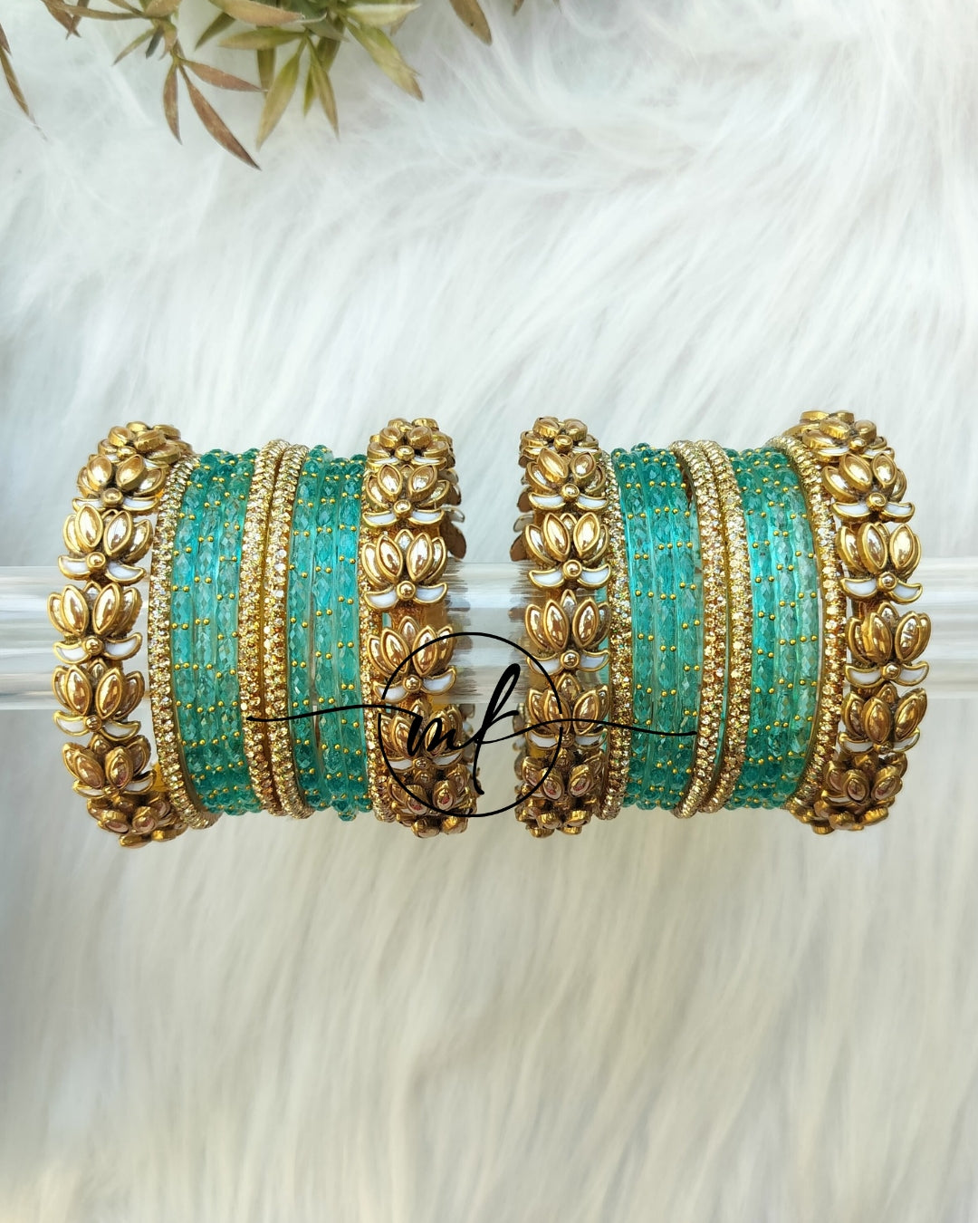 NILAI Light blue Lotus semi Bridal kundan Bangle set