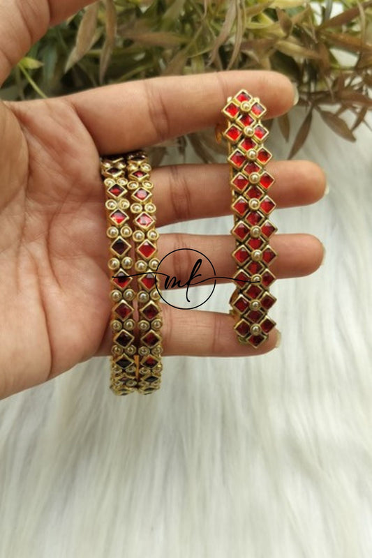 Red  Kundan bangle Combo - 2 bangles+Centre clip