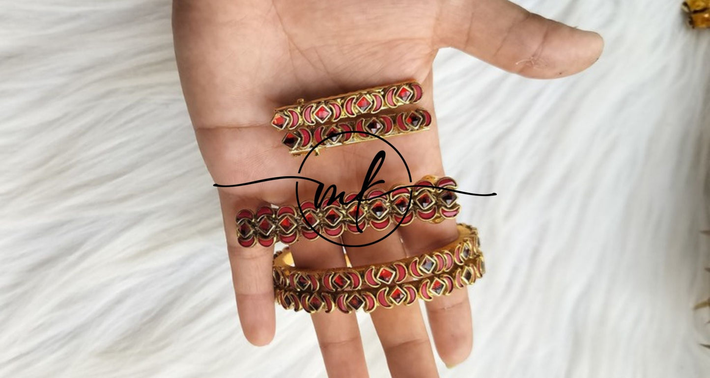 Red Kundan bangle Combo set+ centre clip+Alligator pins