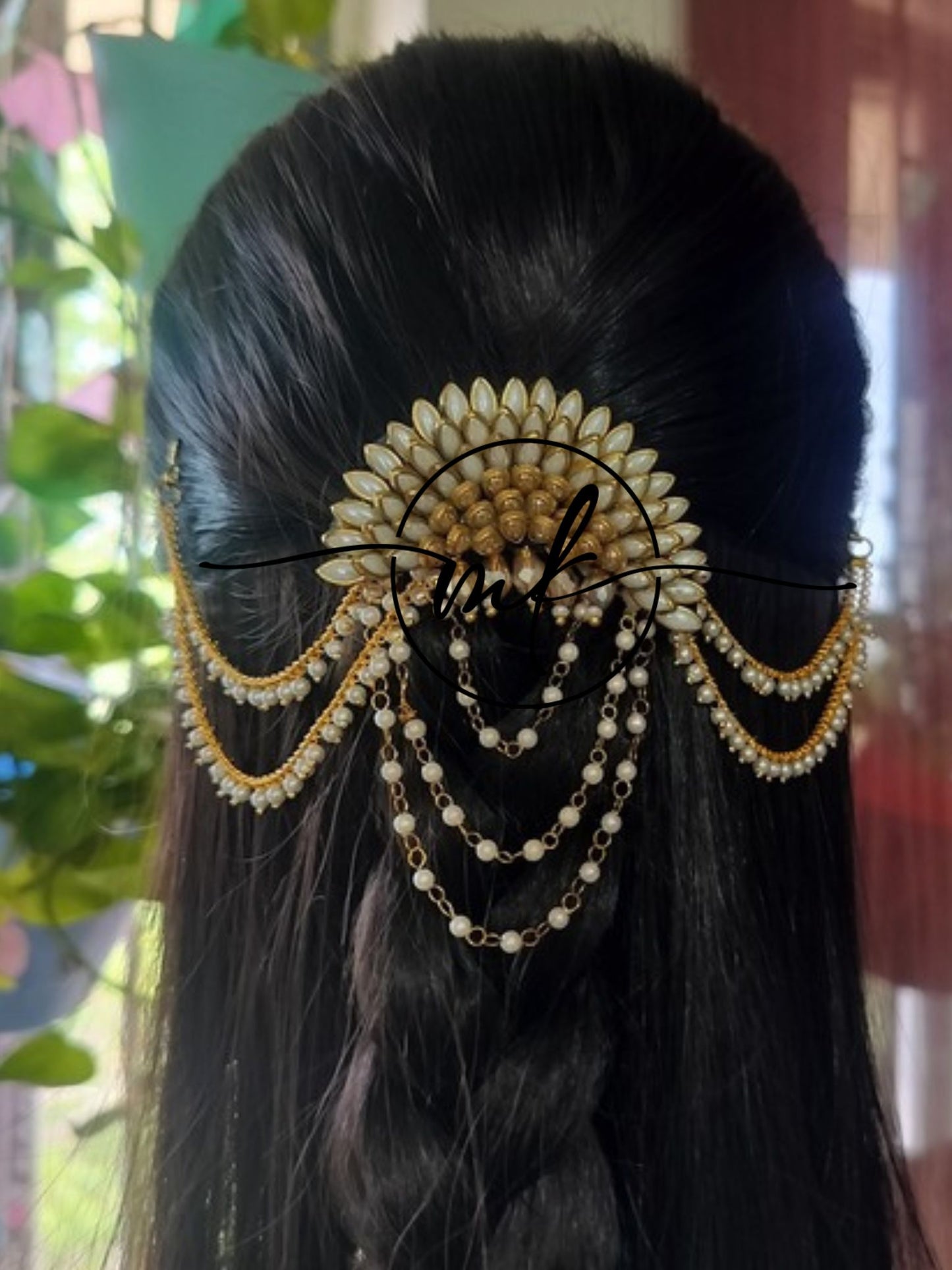 White Gold Sunflower Hair Brooch with Pearl sidechain