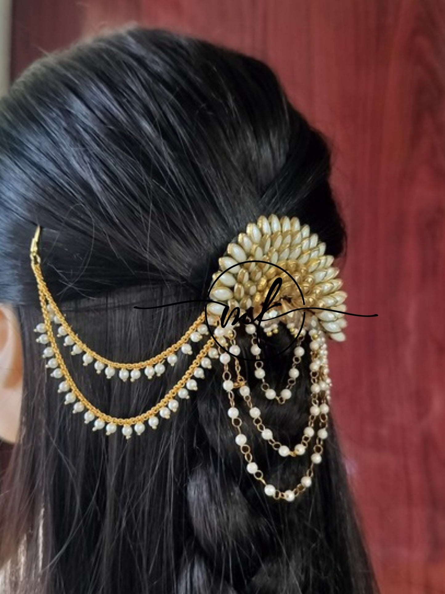 White Gold Sunflower Hair Brooch with Pearl sidechain