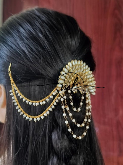 White Gold Sunflower Hair Brooch with Pearl sidechain