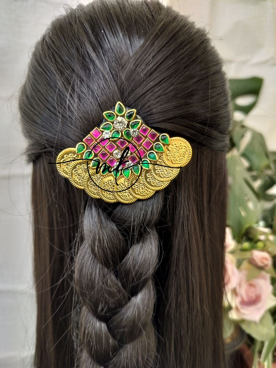 HORA Pink Green Kundan Hair Brooch Return gift Combo