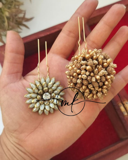 White Kundan + Gold Pollen Hair Brooch