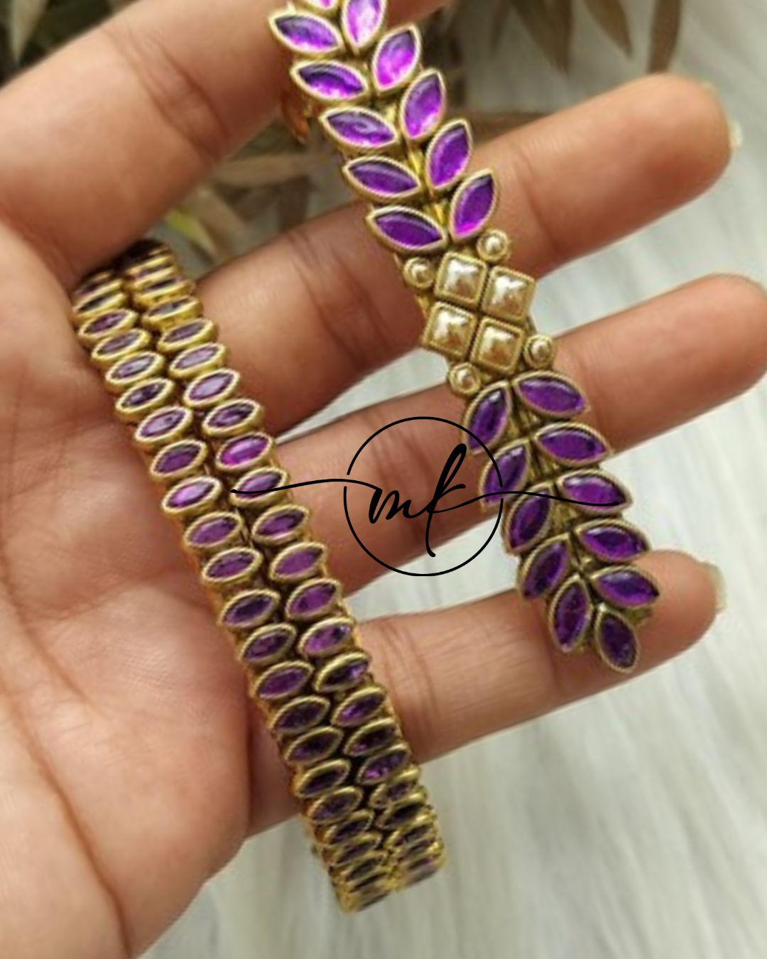 Purple Kundan bangle Combo - 2 bangles+Centre clip