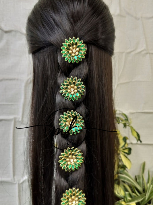 Green Kundan Flower Braid Hair Brooch -set of 5 pieces