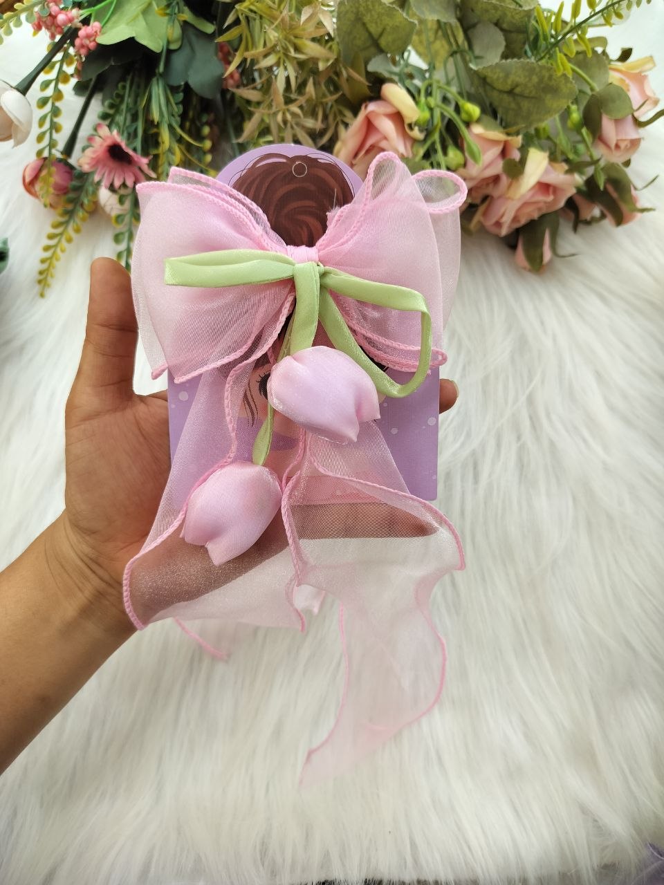 Pink Tulip LongTail Bow Alligator clip