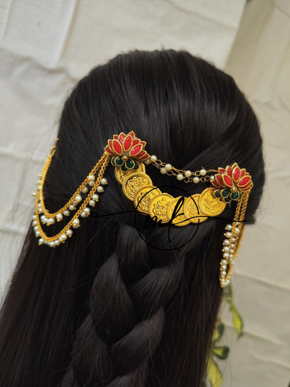 CORA Matt Red Lotus Hair Brooch with Pearl sidechain