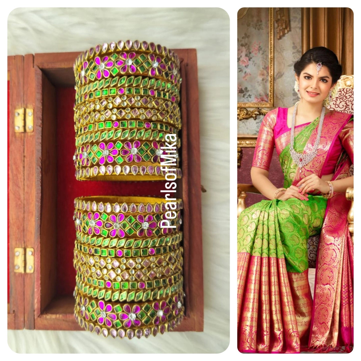 Pink GREEN Kundan semi Bridal bangle set - 10+10 bangles