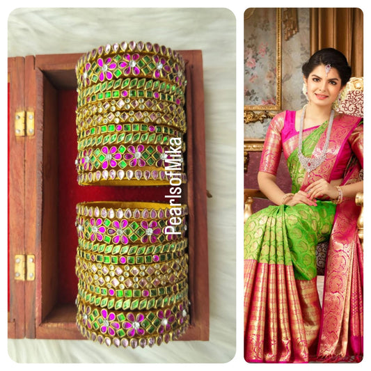 Pink GREEN Kundan semi Bridal bangle set - 10+10 bangles