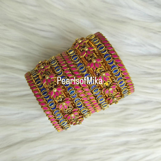 Pink Blue Kundan semi Bridal bangle set - 5+5 bangles