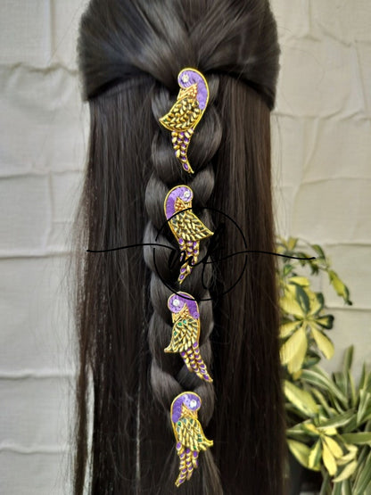 Purple Green Parrot Hair Brooch - set of 6 piece