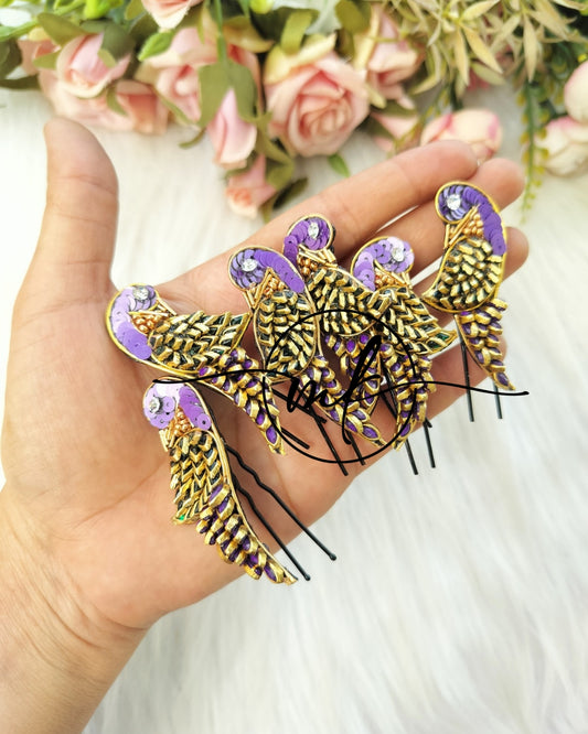 Purple Green Parrot Hair Brooch - set of 6 piece