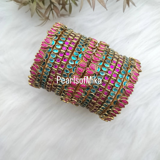 Blue Pink lotus semi Bridal Kundan bangle set - 6+6 bangles