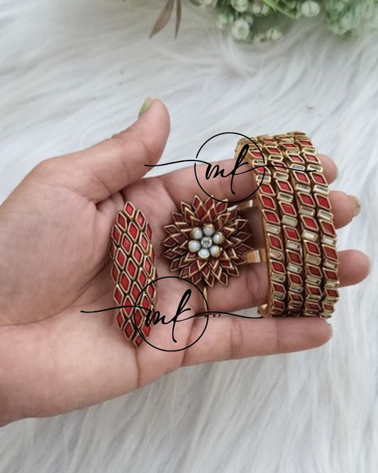 Red Kundan bangle Combo - 4 bangles+Saree pin+Hair Ties