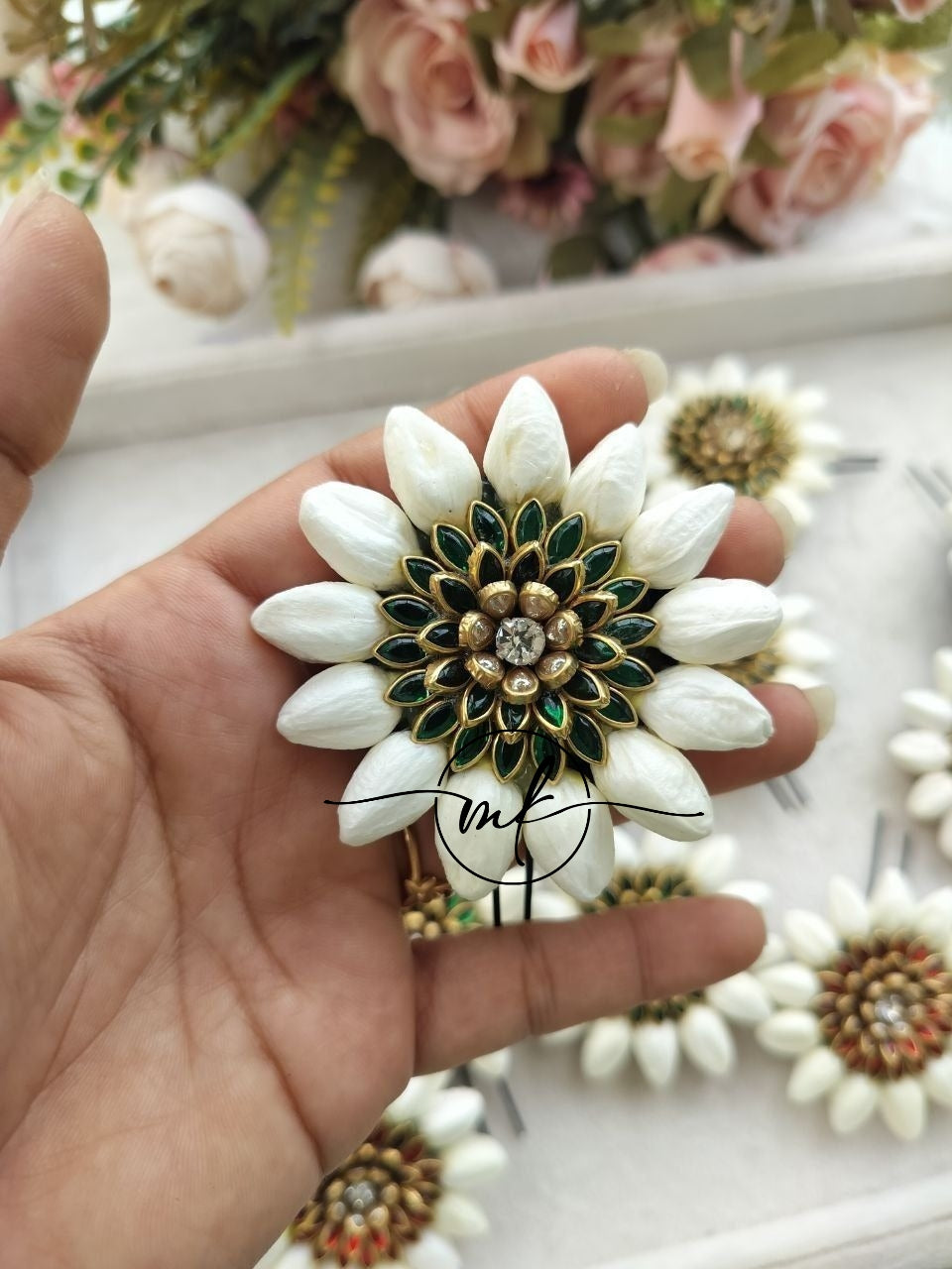 Mootu Malli + Green Kundan flower ARFL Hair Brooch/ Hair ties - 1 piece