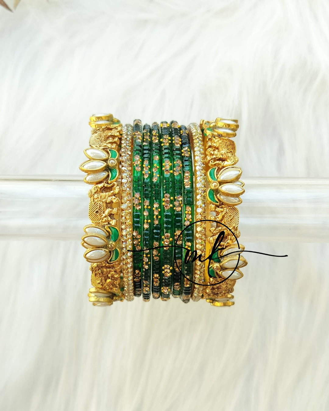 White lotus Elephant semi Bridal Kundan bangle set