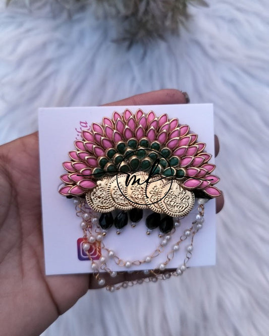 Pink Green Sunflower COIN Hair Brooch